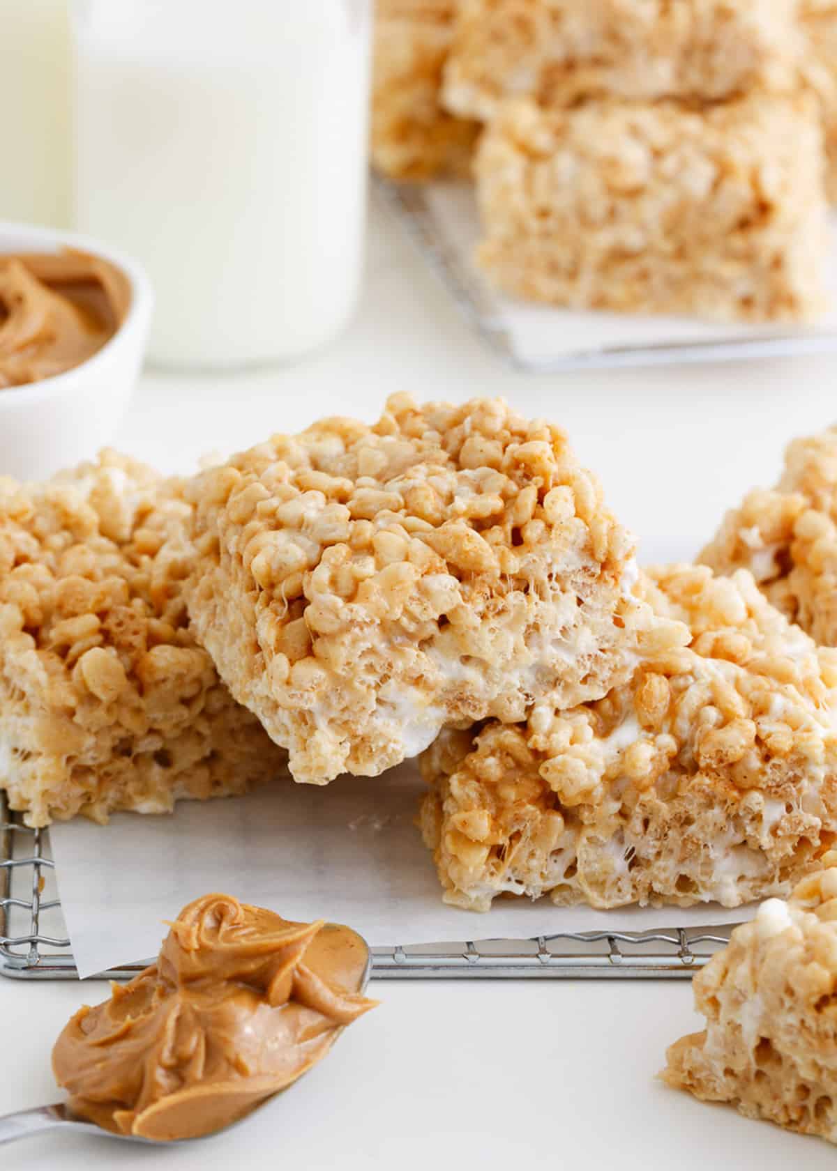 Stack of peanut butter rice krispie treats.