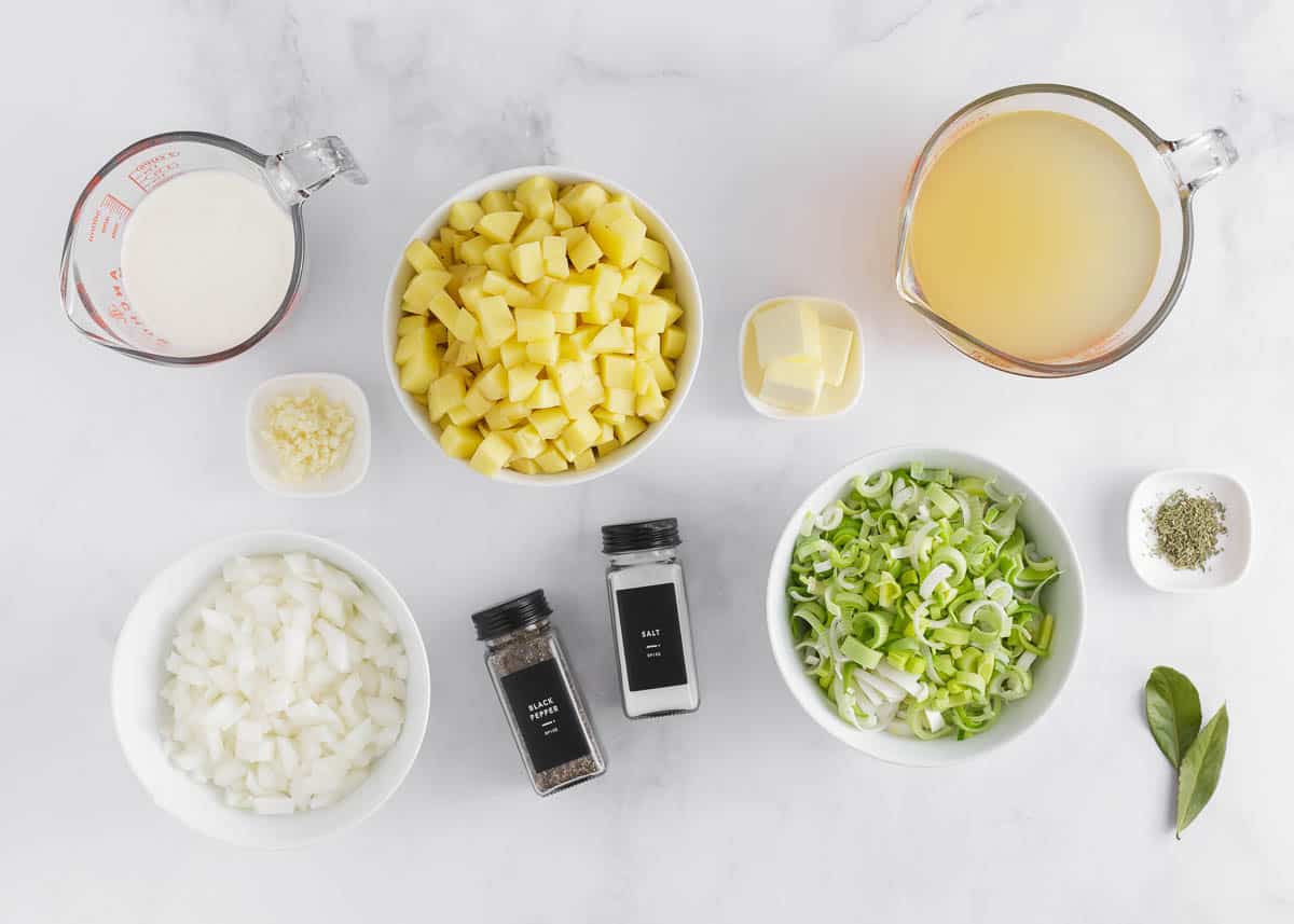 Potato leek soup ingredients on the counter.