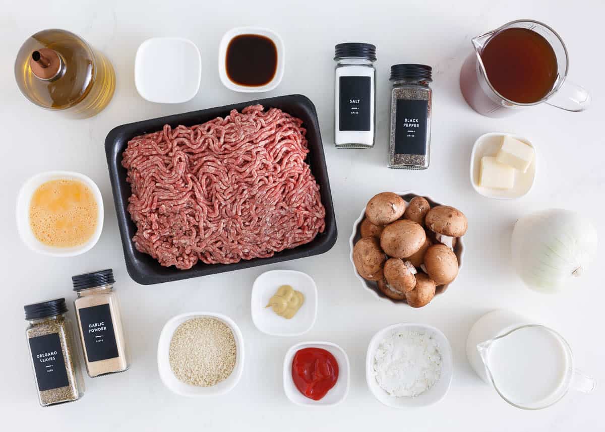 Salisbury steak ingredients on counter.