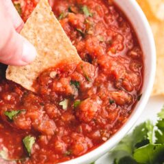 Salsa in a white bowl.