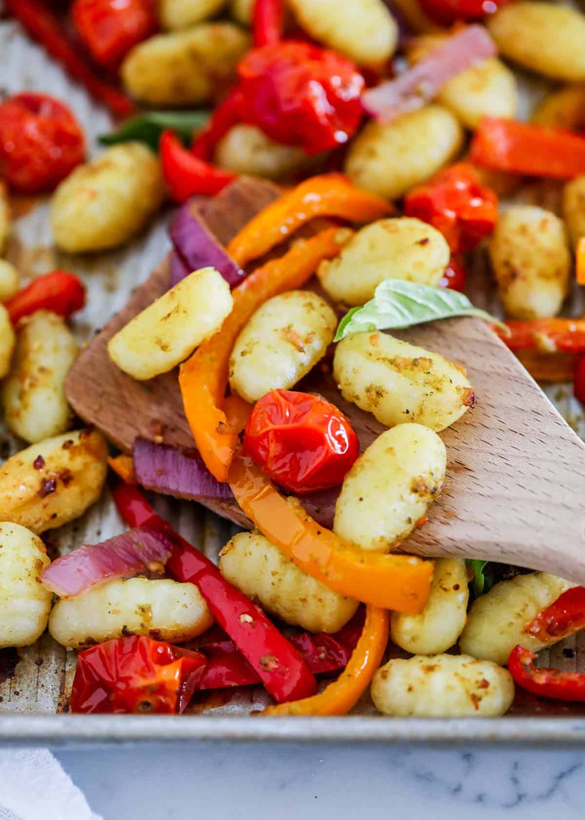 Sheet pan gnocchi cooked with veggies. 