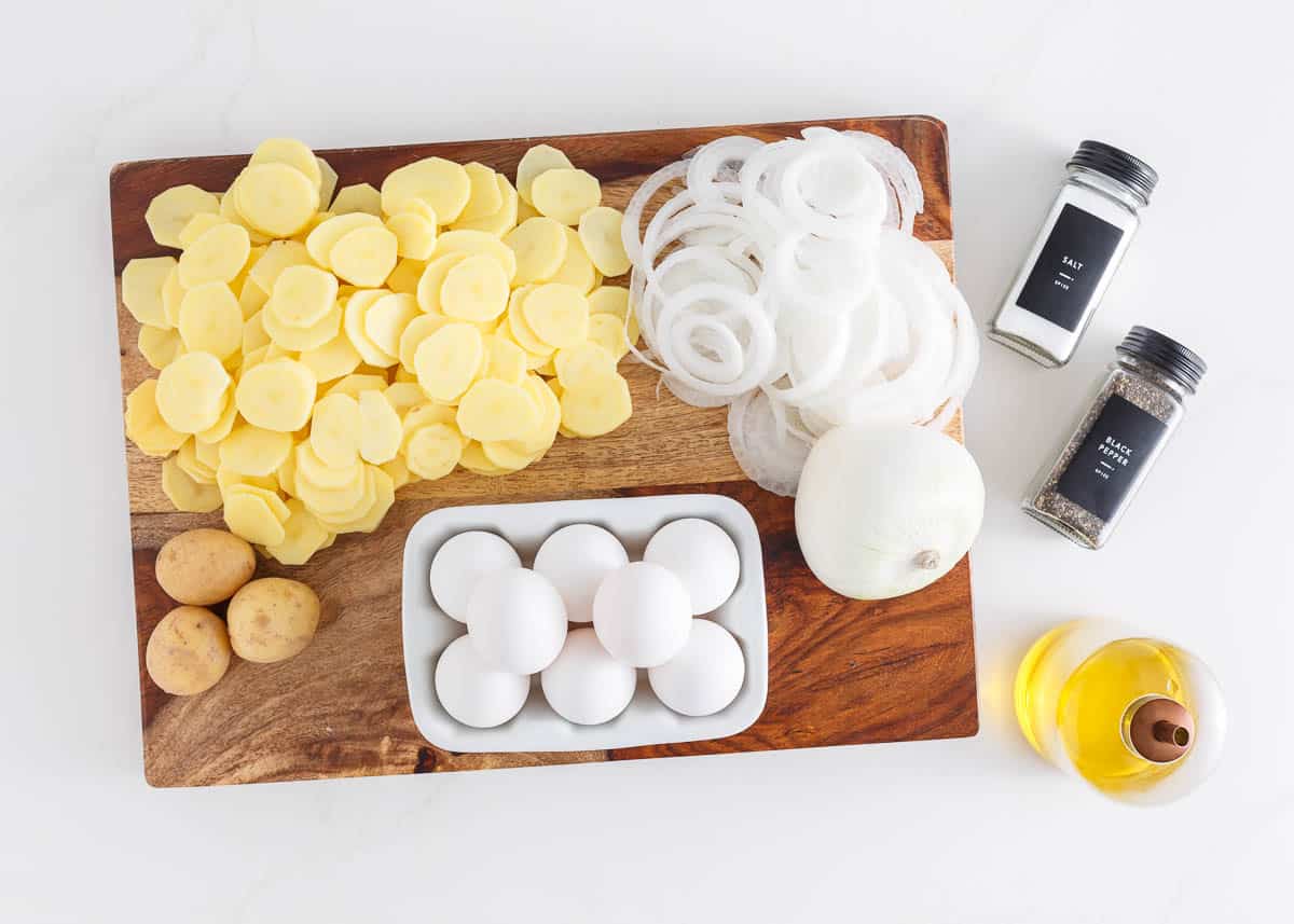 Spanish omelette ingredients on the counter.