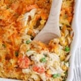 Spoonful of chicken noodle casserole in a white baking dish.