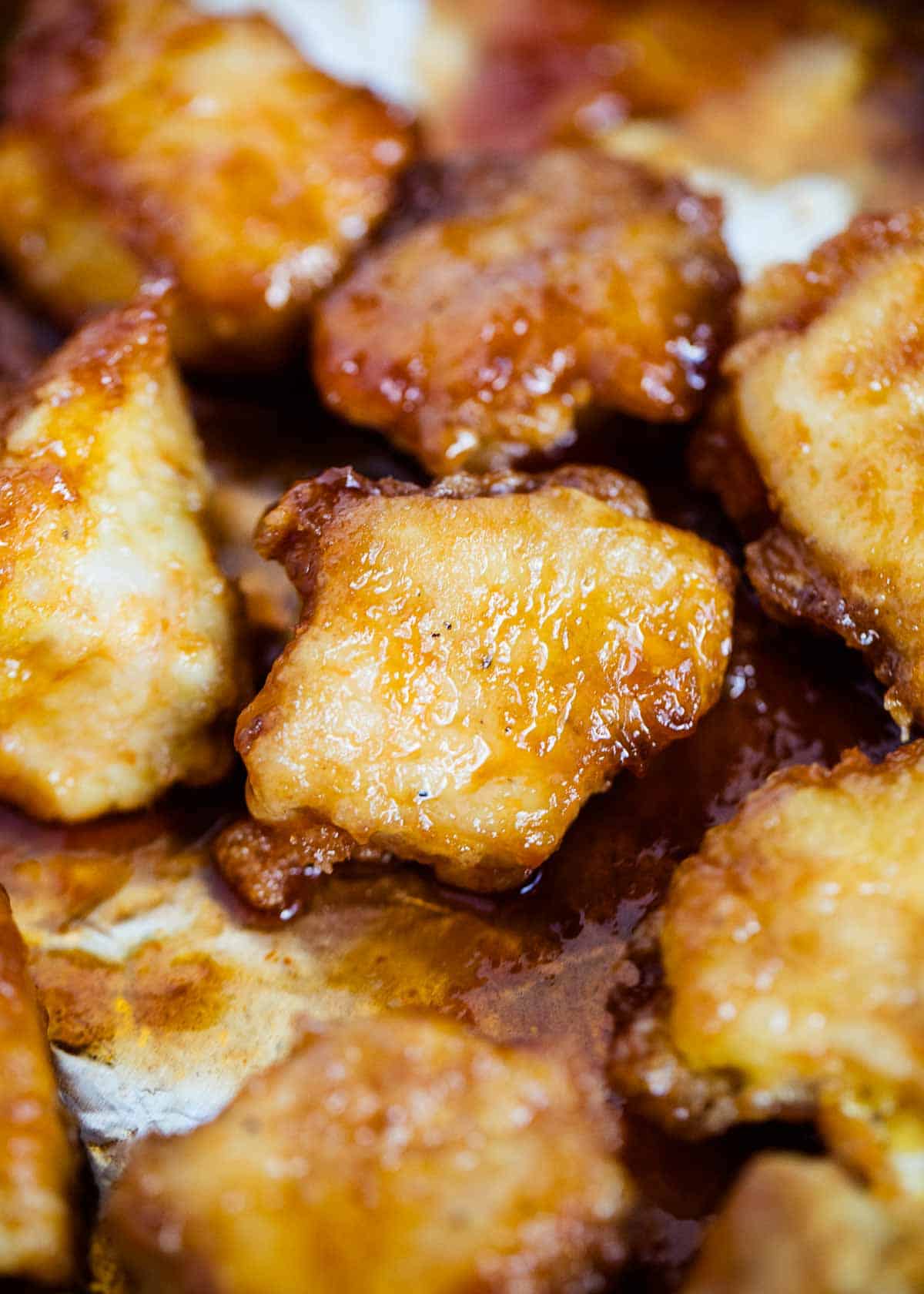 Up close photo of General Tso's chicken. 