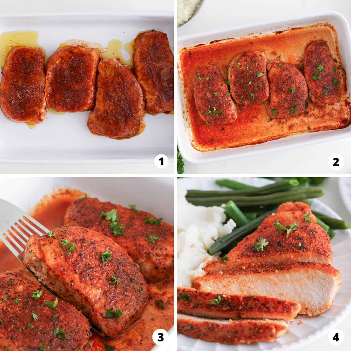 Showing how to make baked pork chops in a 4 step collage.