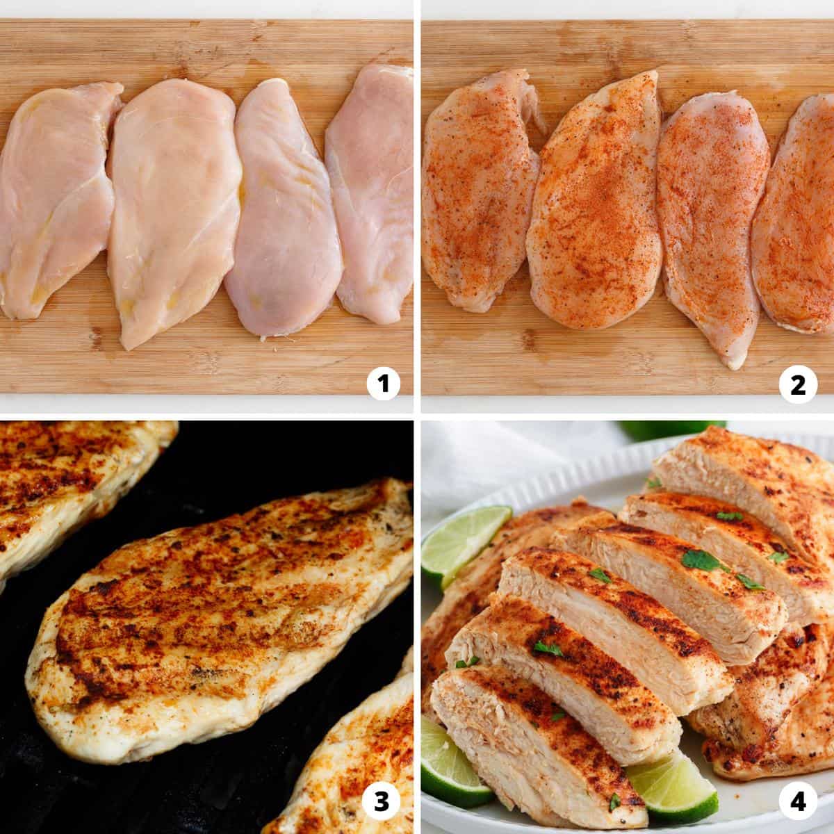 Showing you how to make grilled chicken breast in a 4 step collage.
