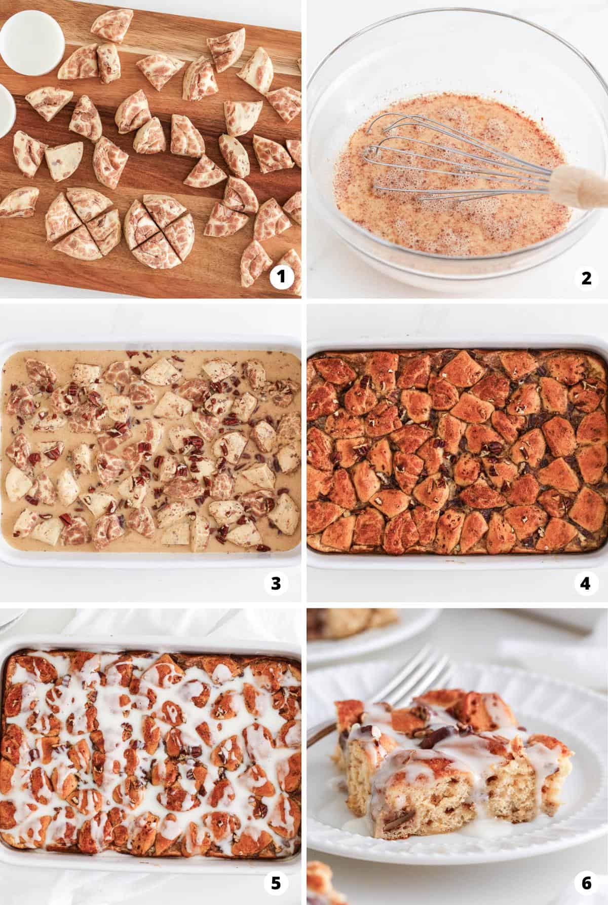 Showing how to make a cinnamon roll casserole.