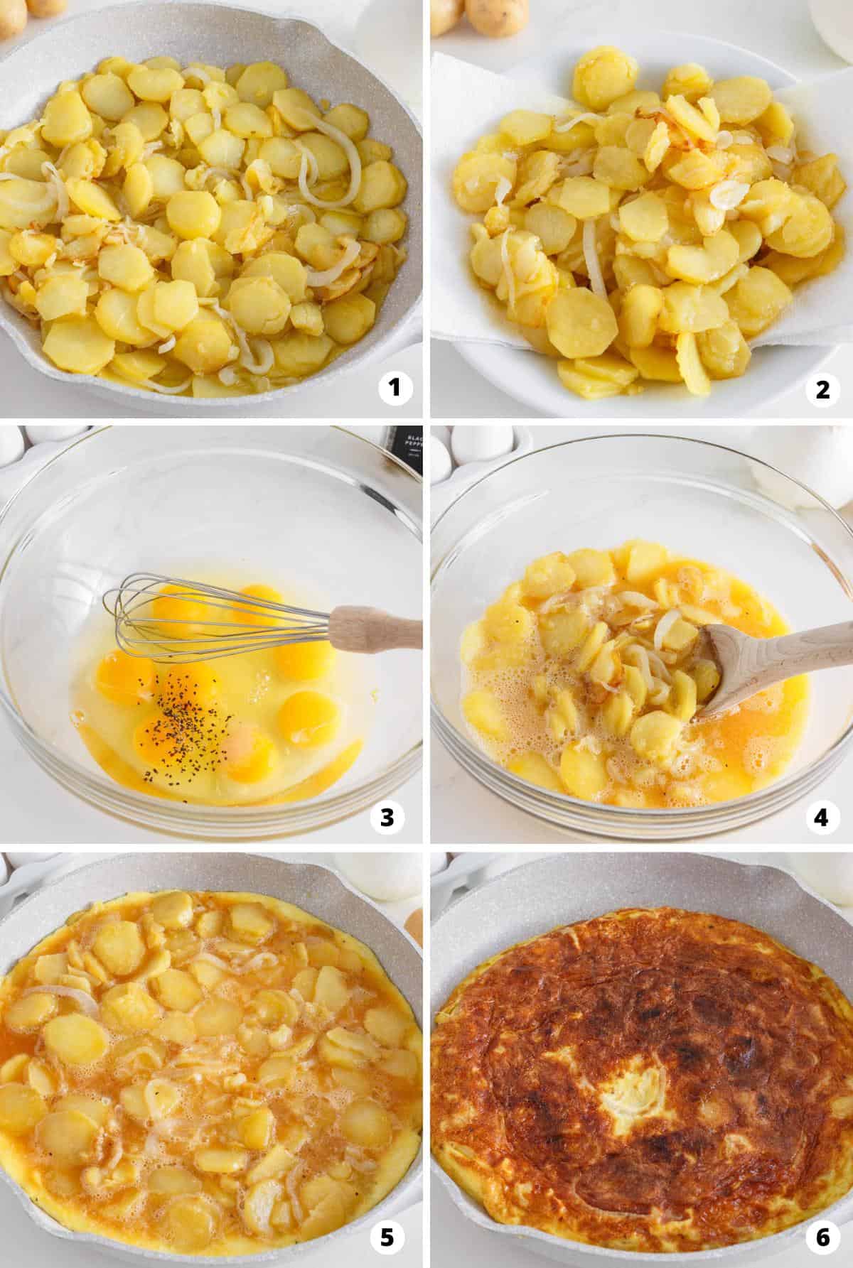 Showing how to make a spanish omelette in a 6 step collage.