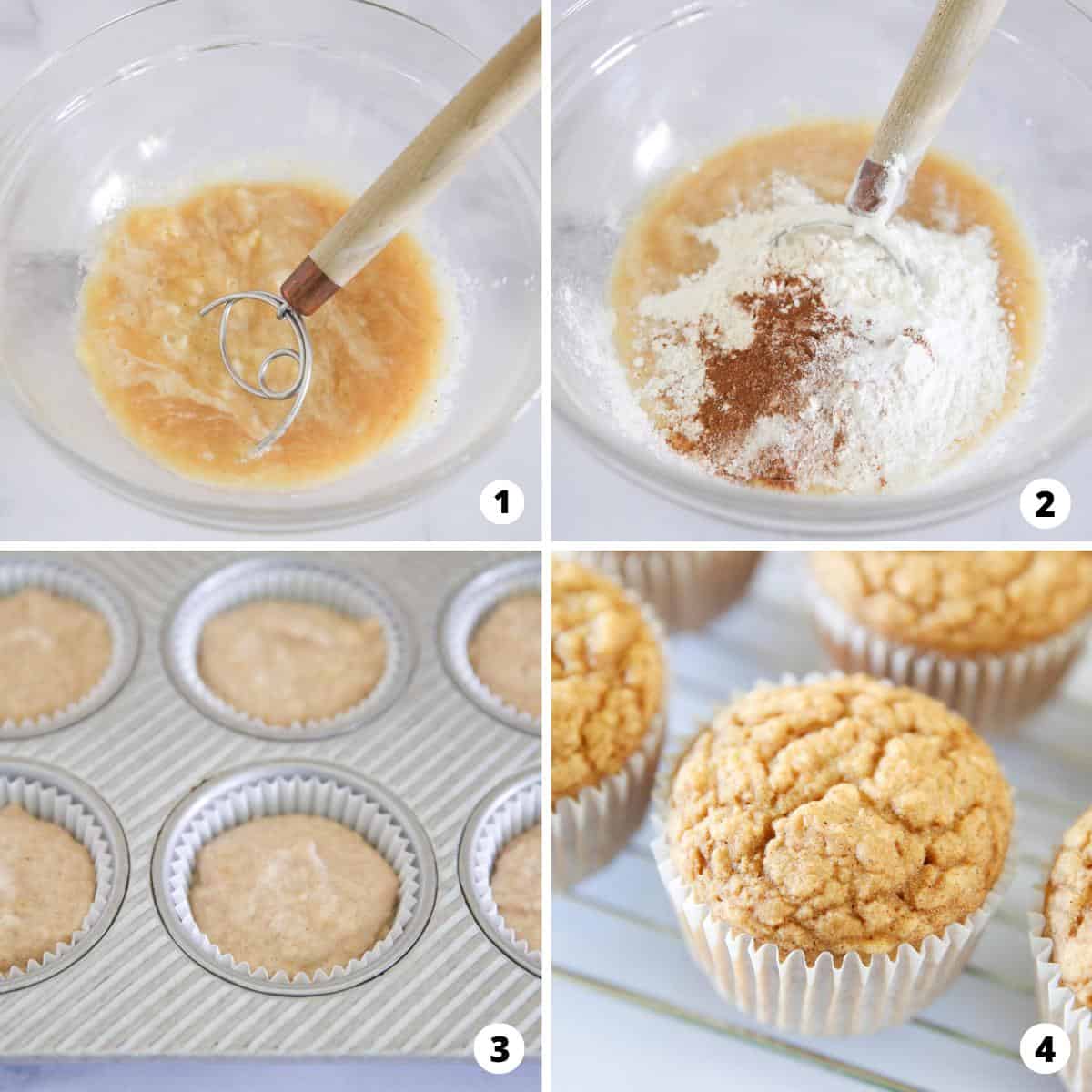 Showing how to make applesauce muffins in a 4 step collage.