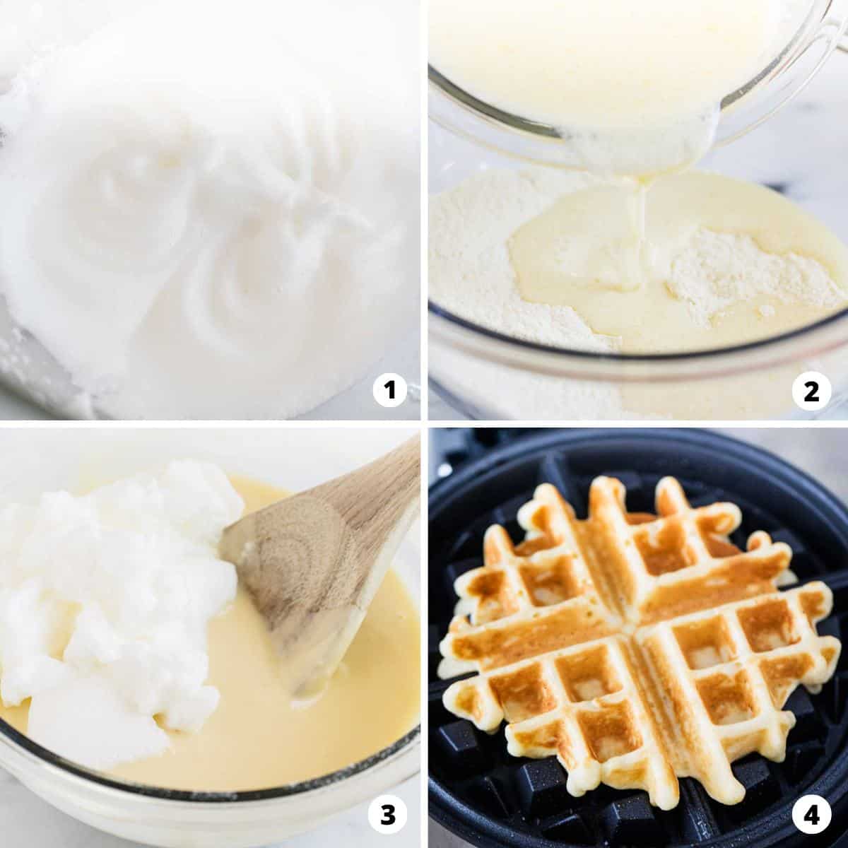 A four photo collage on how to make waffles. 