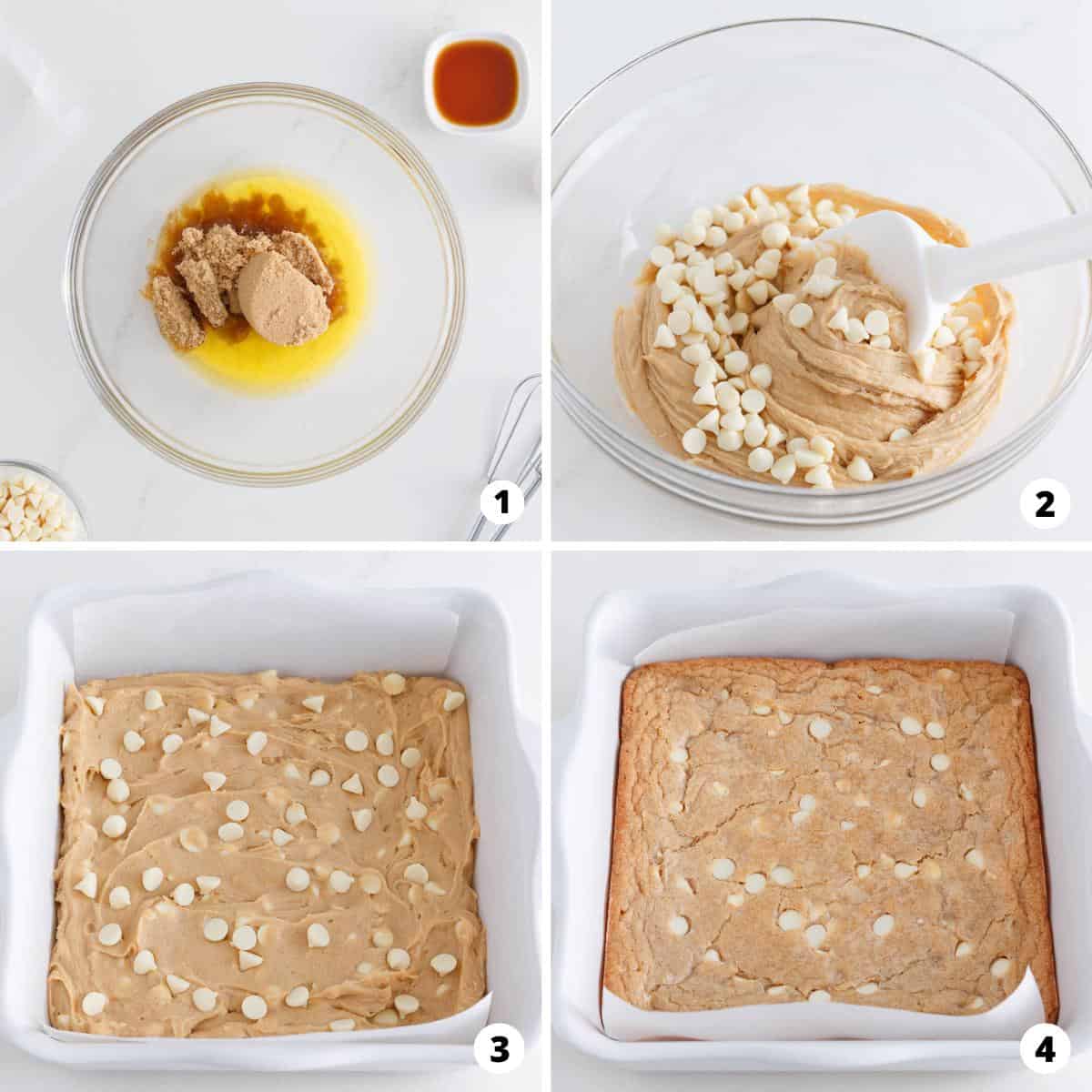 Showing how to make blondies in a 4 step collage.