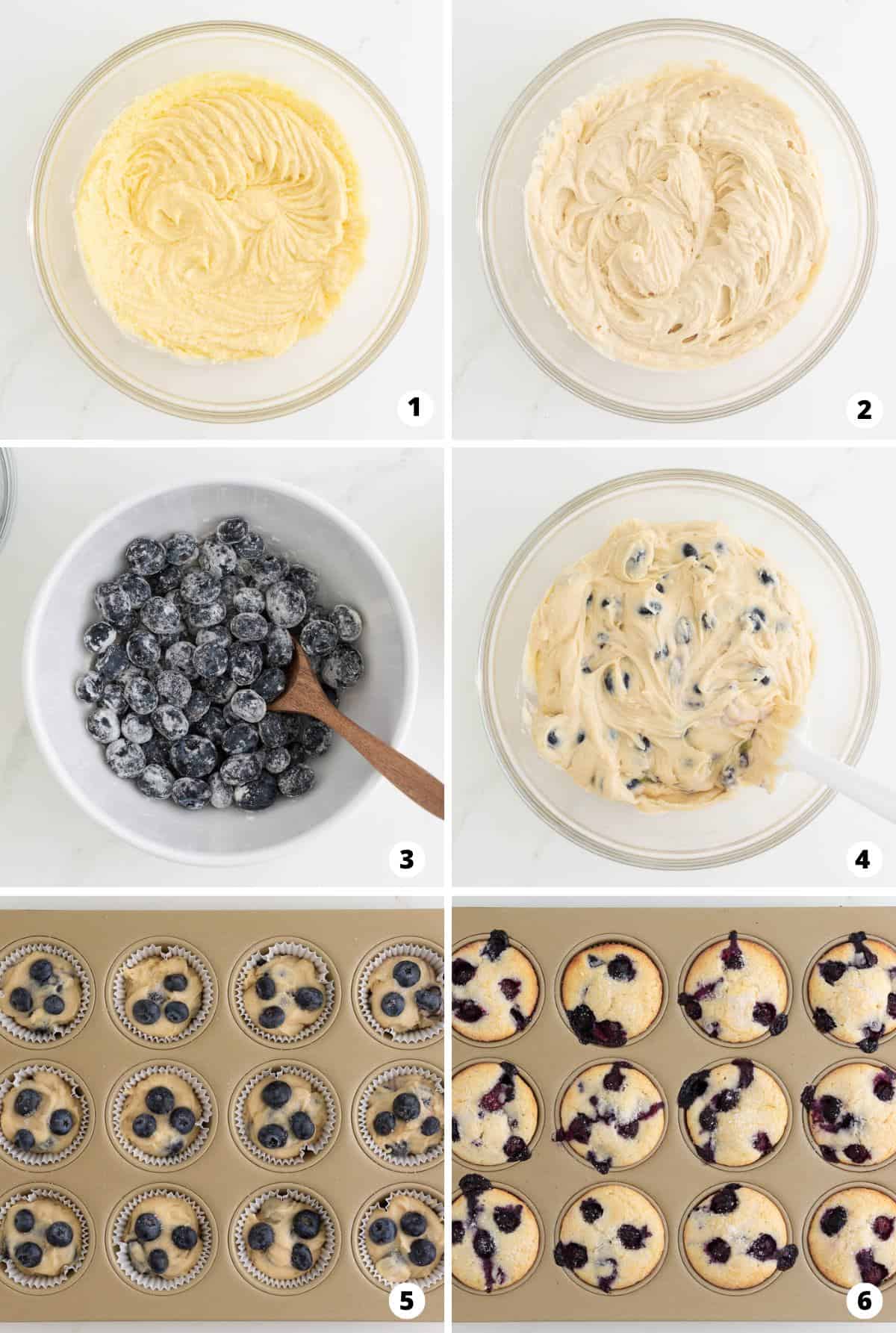 Showing how to make blueberry muffins in a 6 step collage.