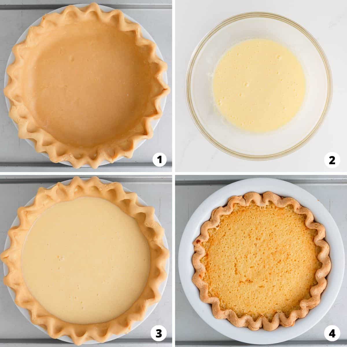 Showing how to make buttermilk pie in a 4 step collage.