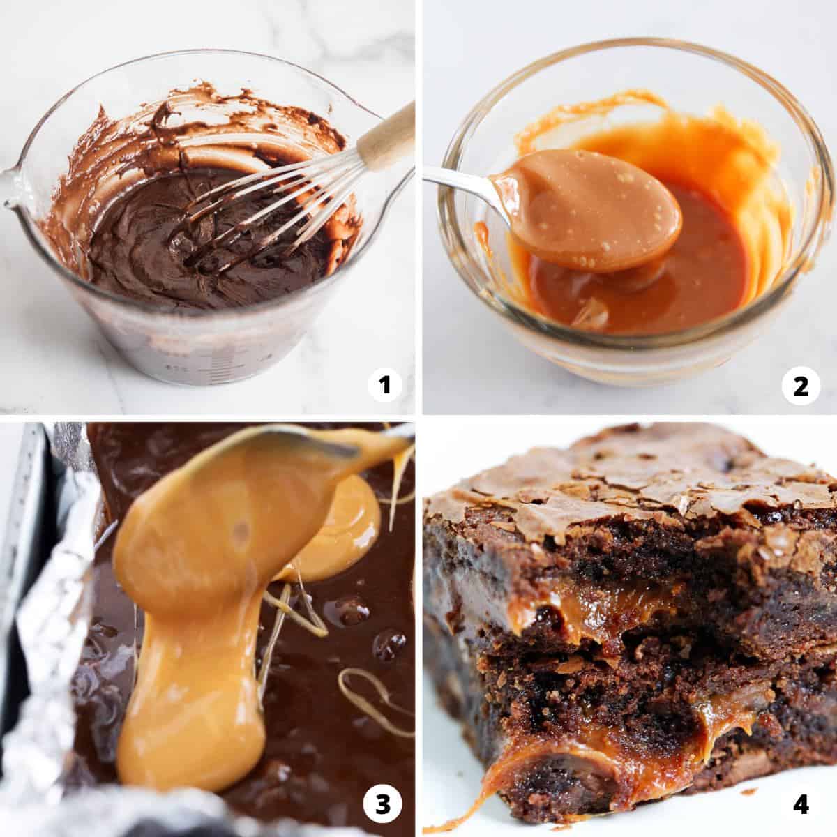 A four step photo collage making caramel brownies. 