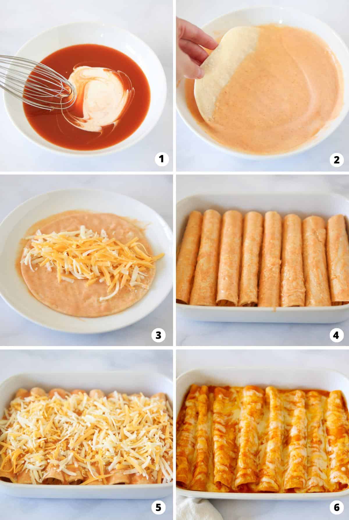 Showing how to make cheese enchiladas in a 6 step collage.