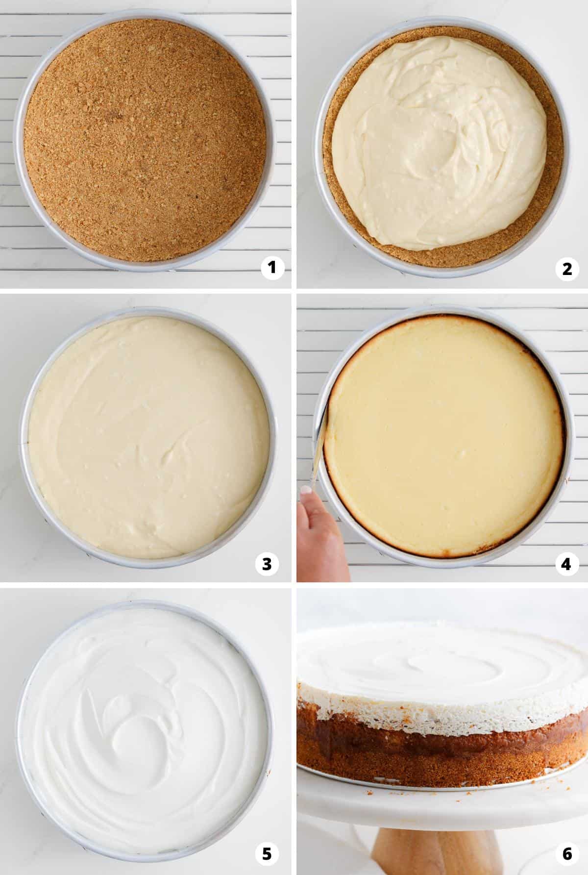 Showing how to make cheesecake in a 6 step collage.