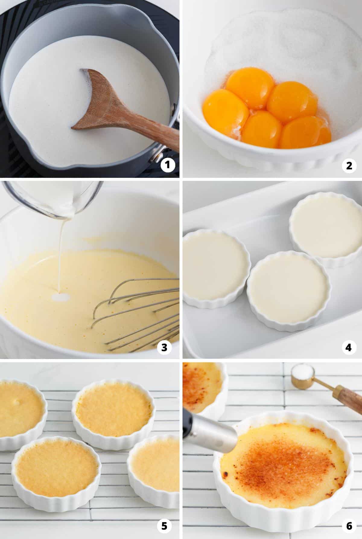 Showing how to make creme brulee in a 6 step collage.