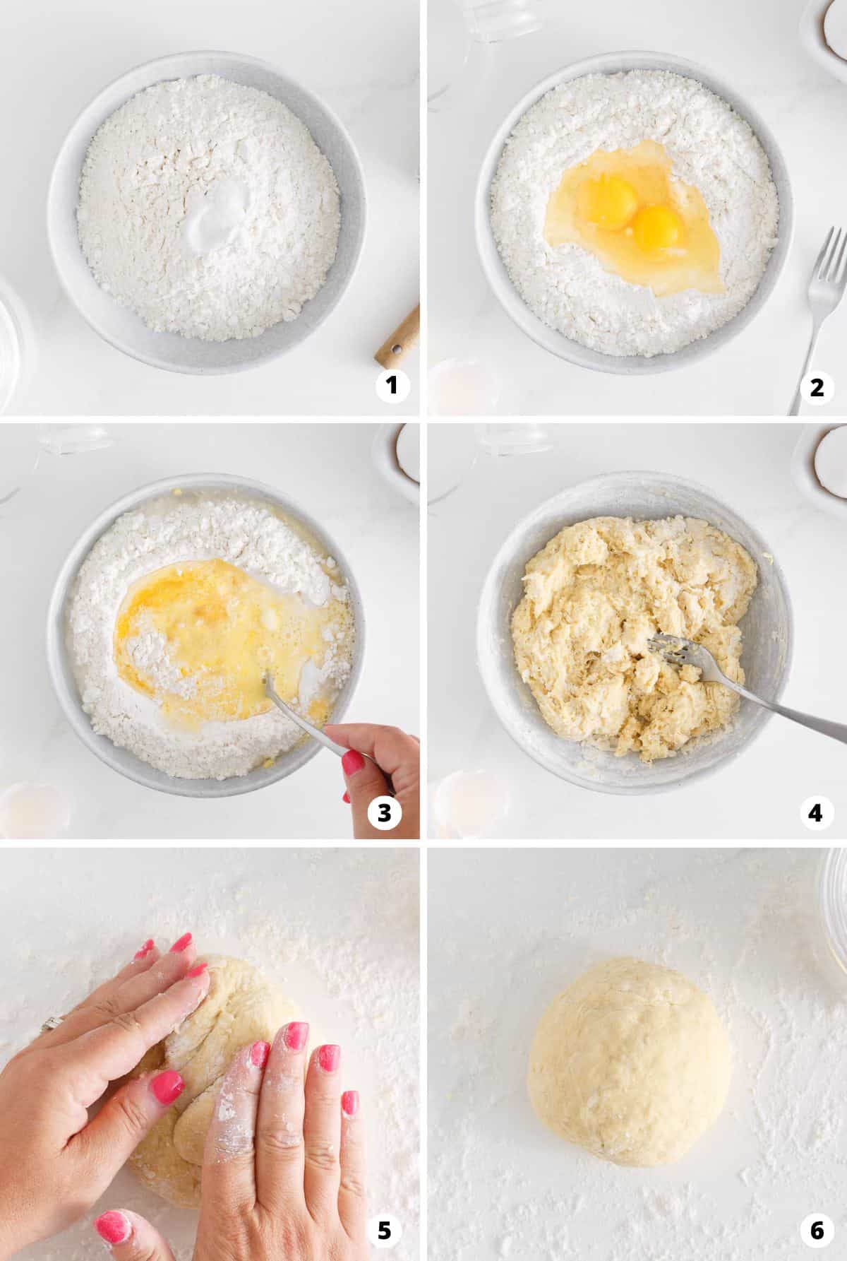 Showing how to make egg noodles in a 6 step collage.