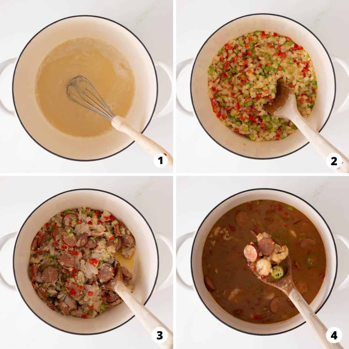 Showing how to make gumbo in a 4 step collage. 