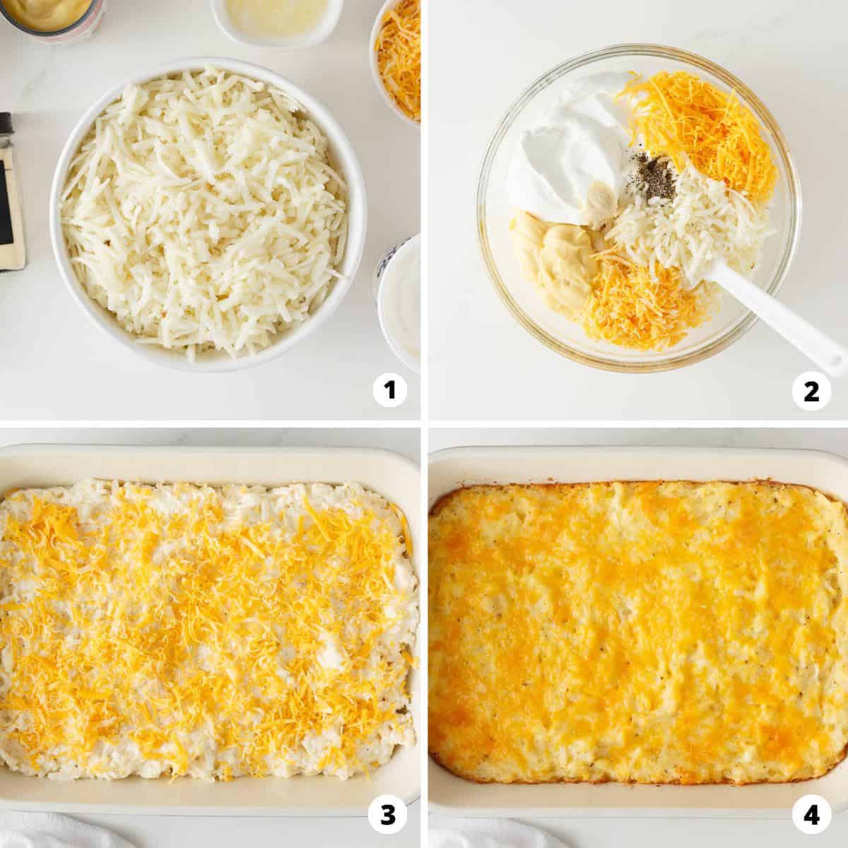 Showing how to make hashbrown casserole in a 4 step collage.