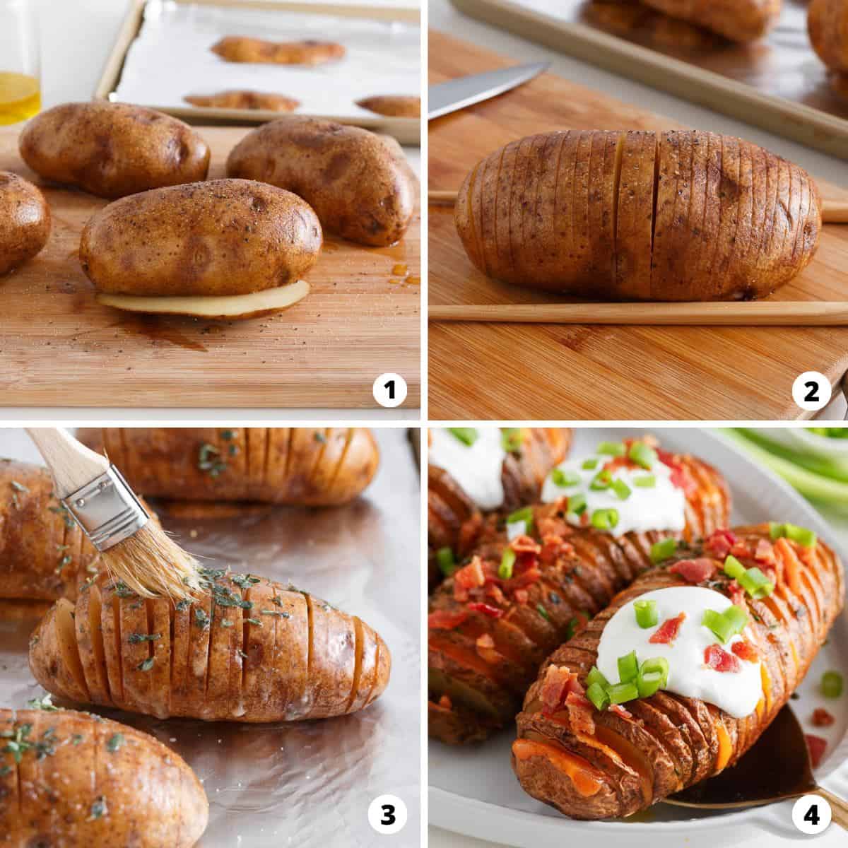 Showing how to make hasselback potatoes in a 4 step collage.