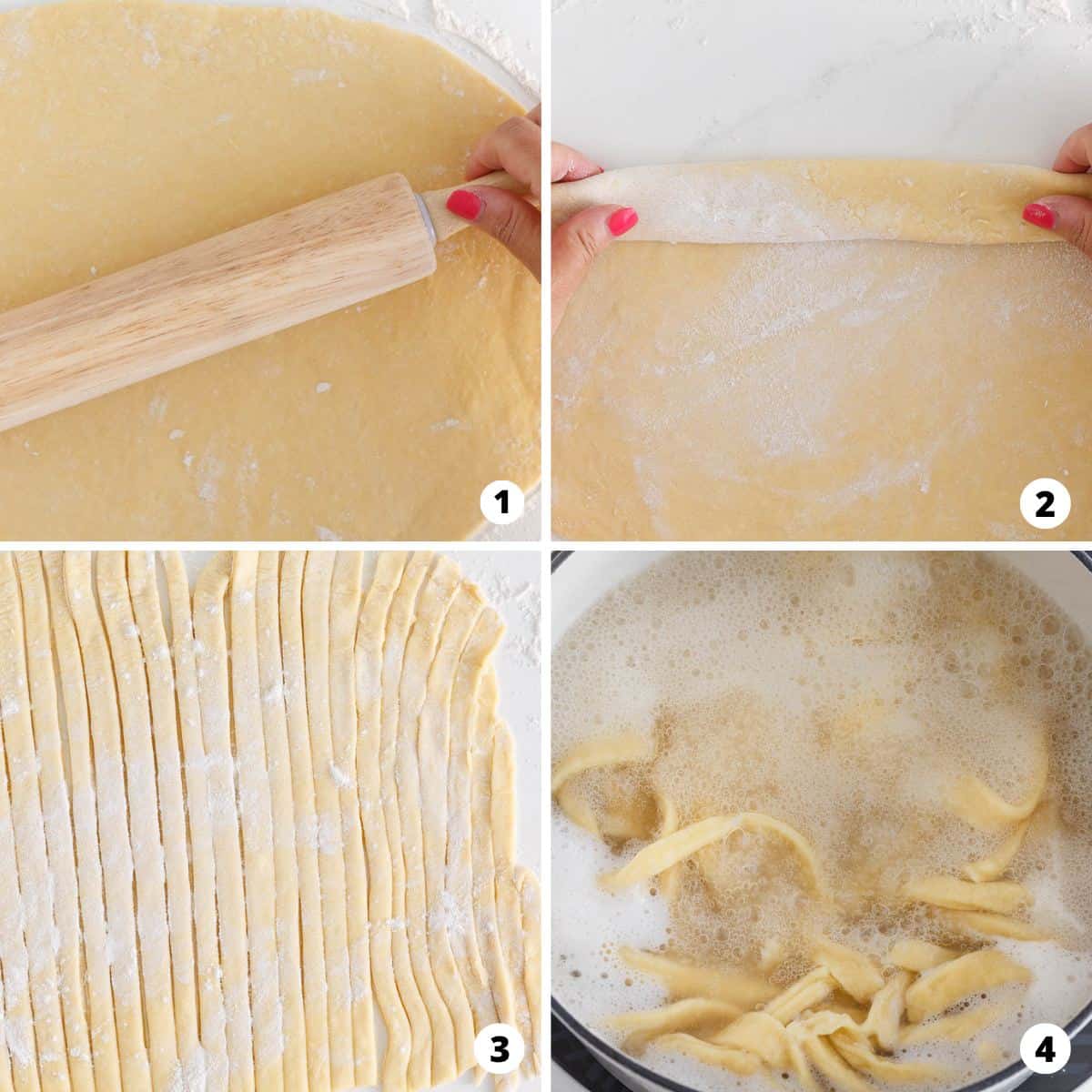 Showing how to make egg noodles in a 4 step collage.