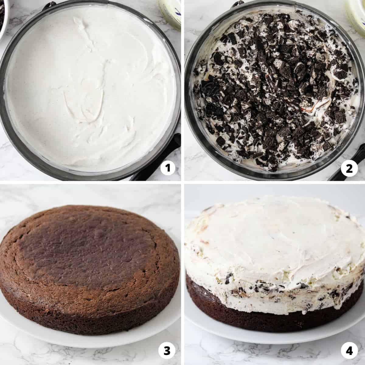 Showing the steps to make a homemade ice cream cake.