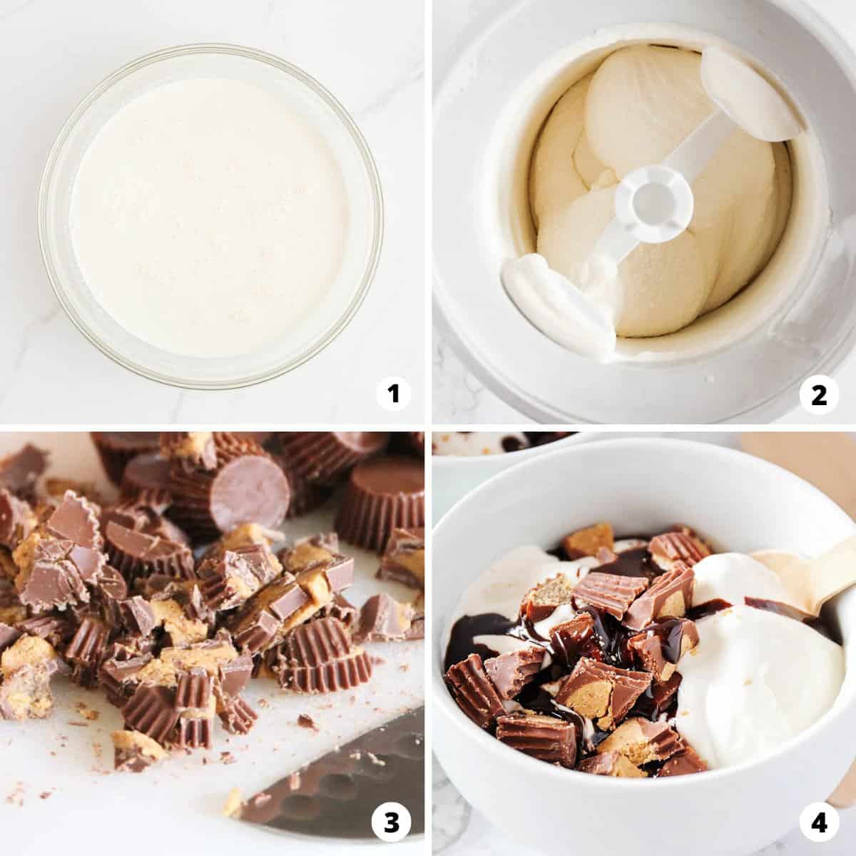 A step collage for making Reese's ice cream. 