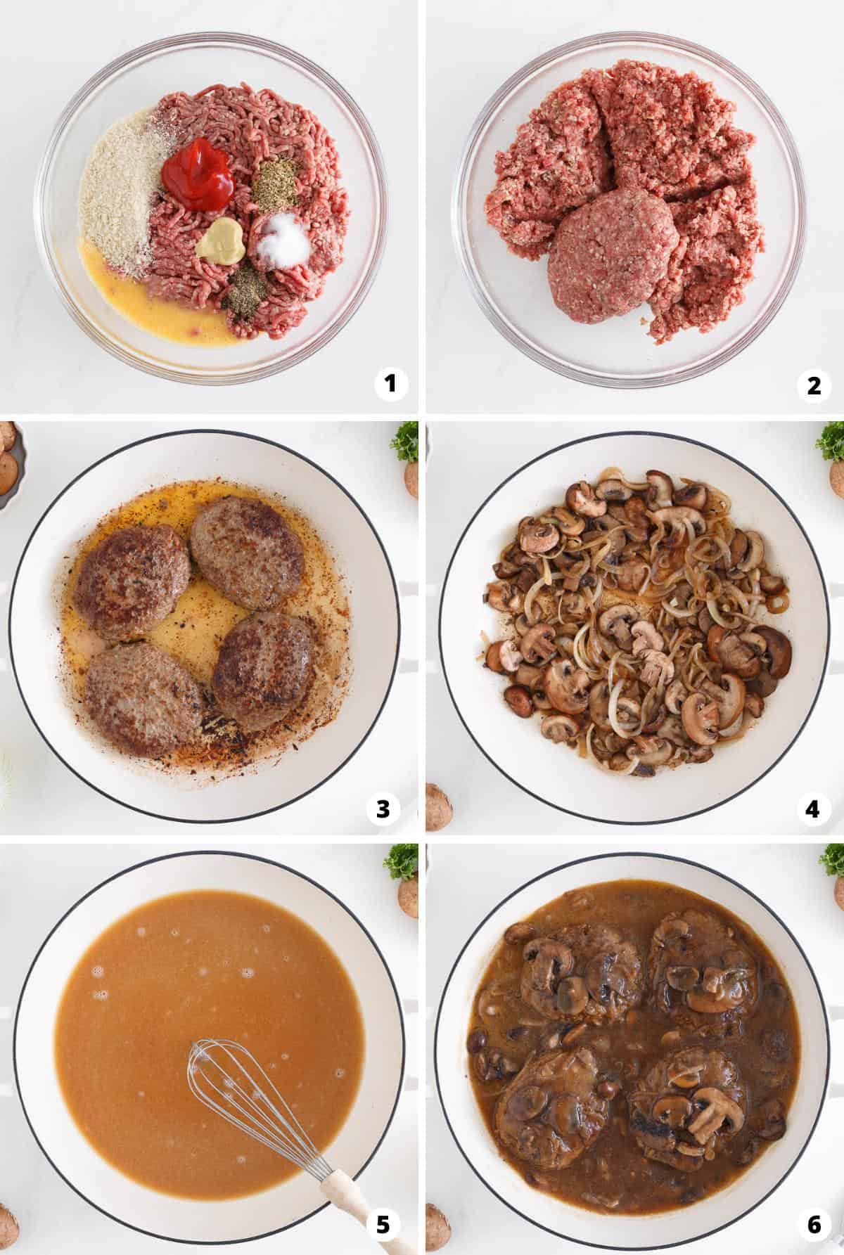 Showing how to make salisbury steak in a 6 step collage.