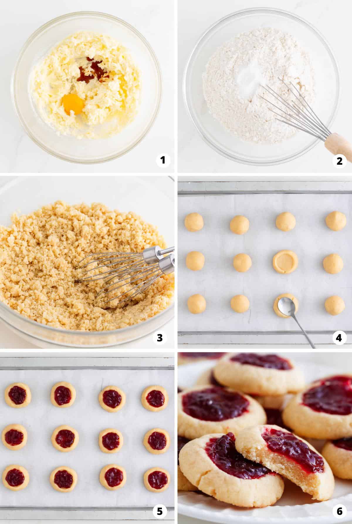 Showing how to make thumbprint cookies in a 6 step collage.