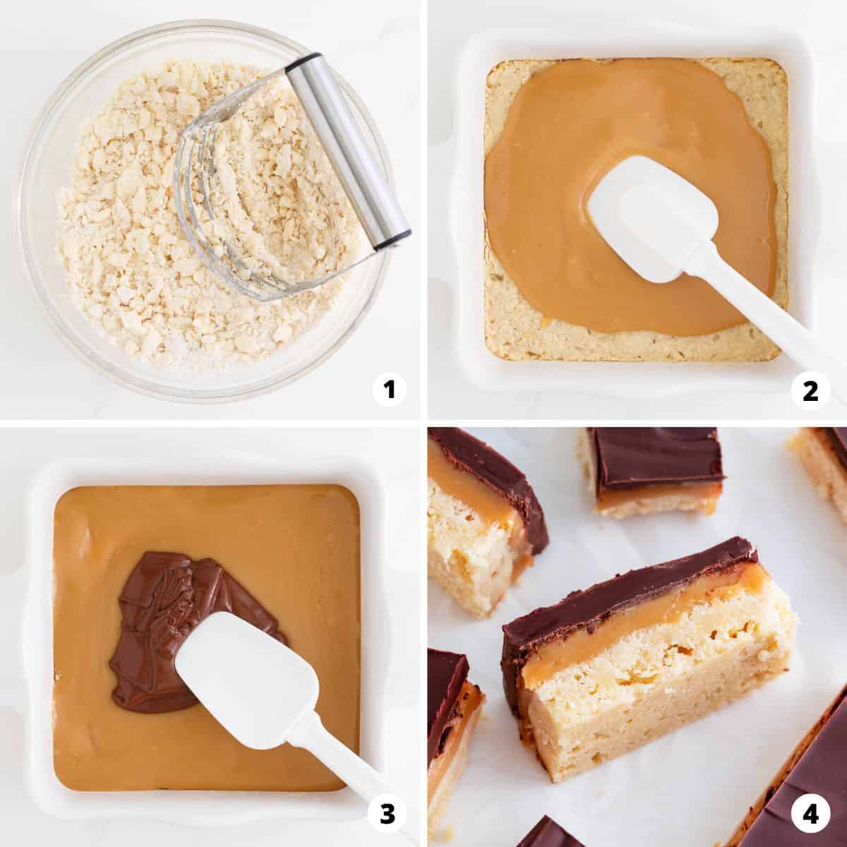 Showing how to make twix bars in a 4 step collage.