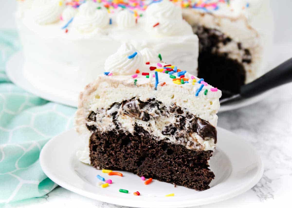 A slice of ice cream cake on a white plate. 