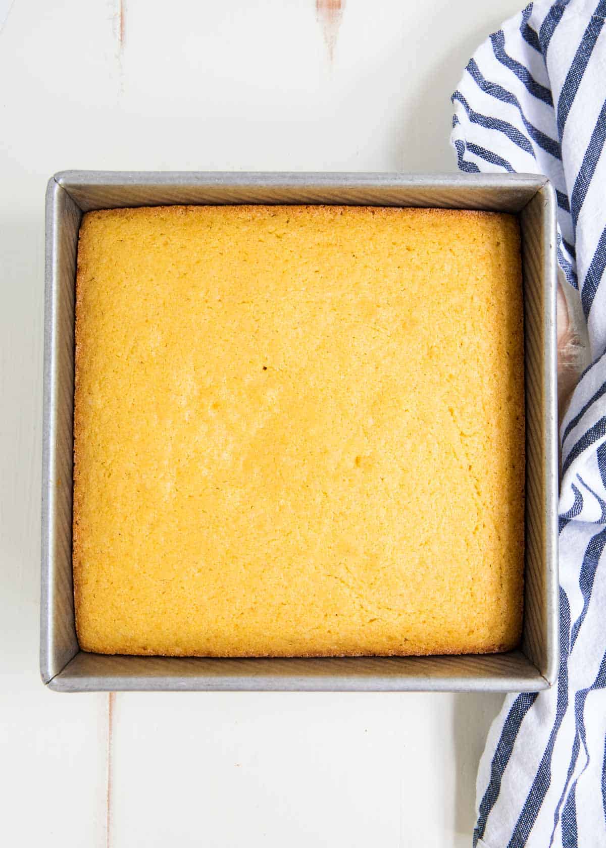 Baked cornbread in a pan. 