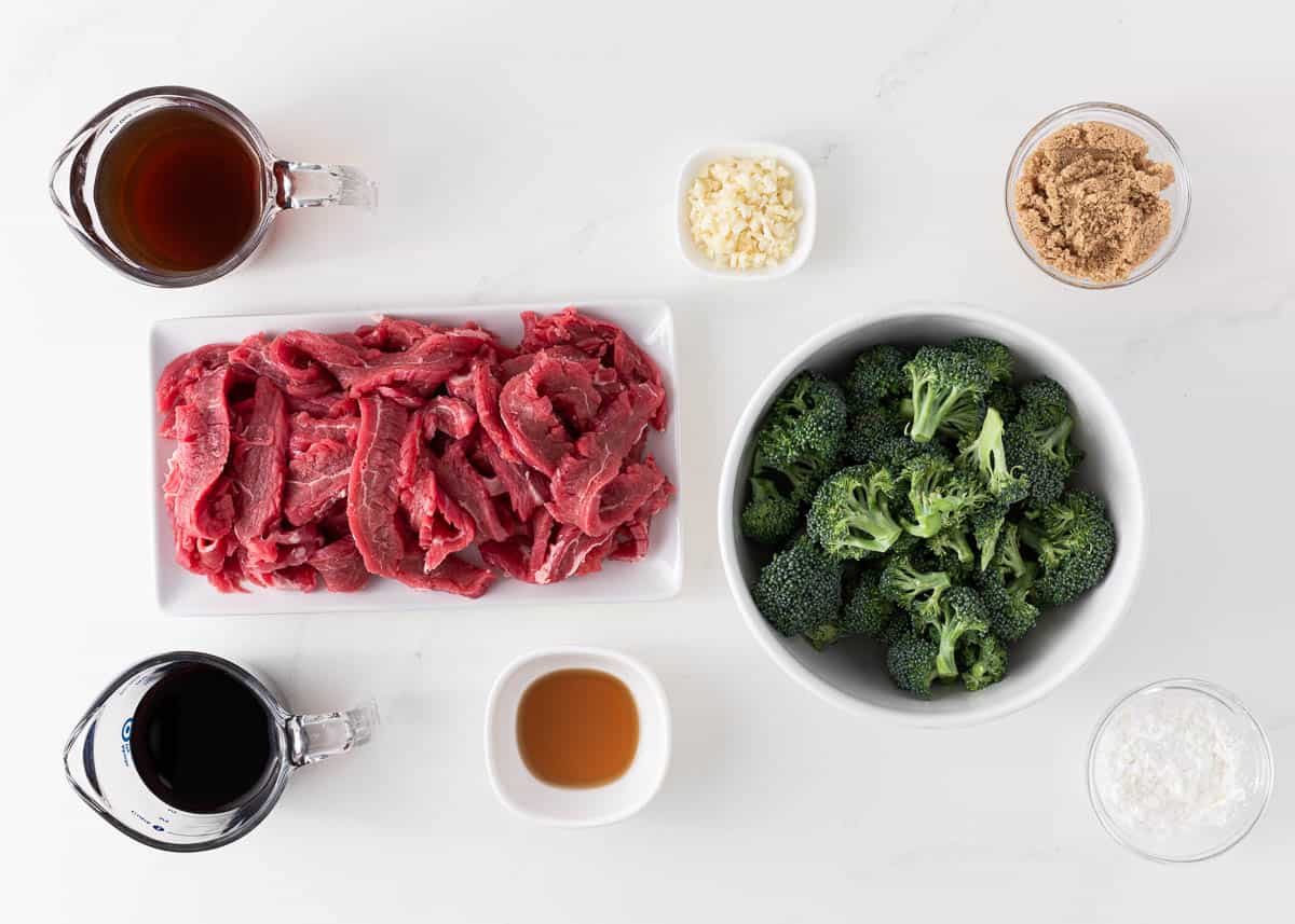 Beef and broccoli ingredients on the counter.