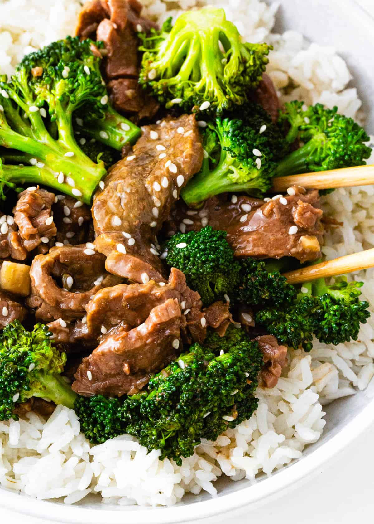 Beef and broccoli served over rice.