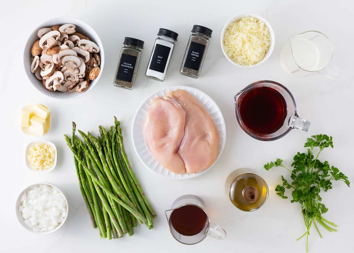 Chicken madeira ingredients on counter.