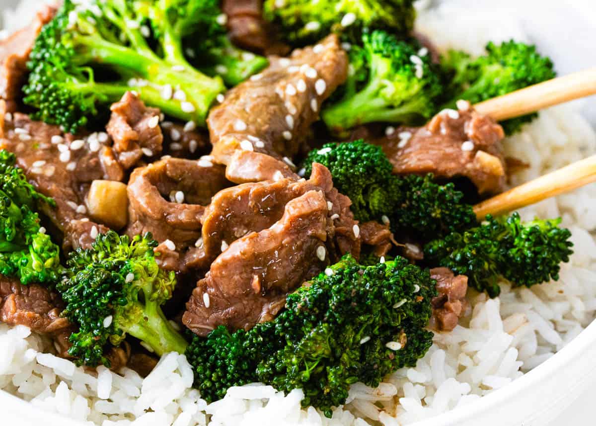 Beef and broccoli over rice.