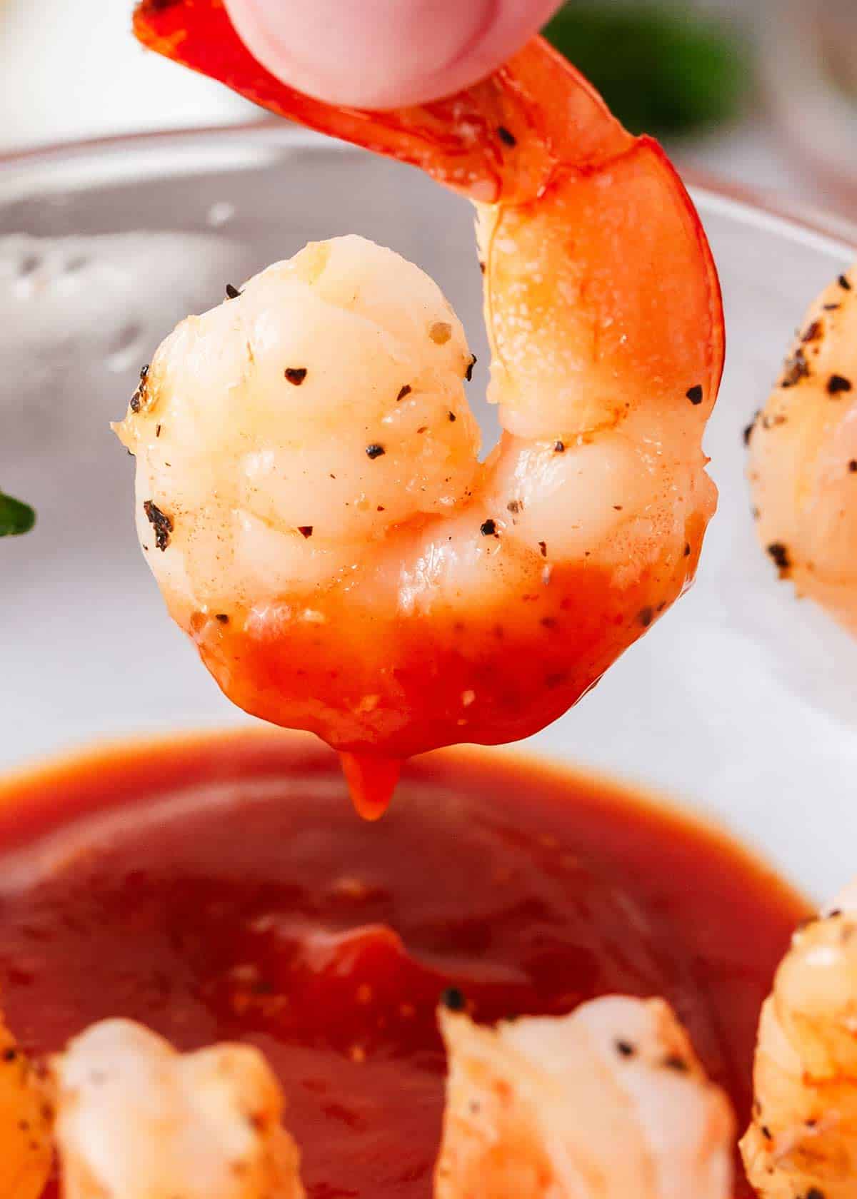 Dipping shrimp in cocktail sauce.