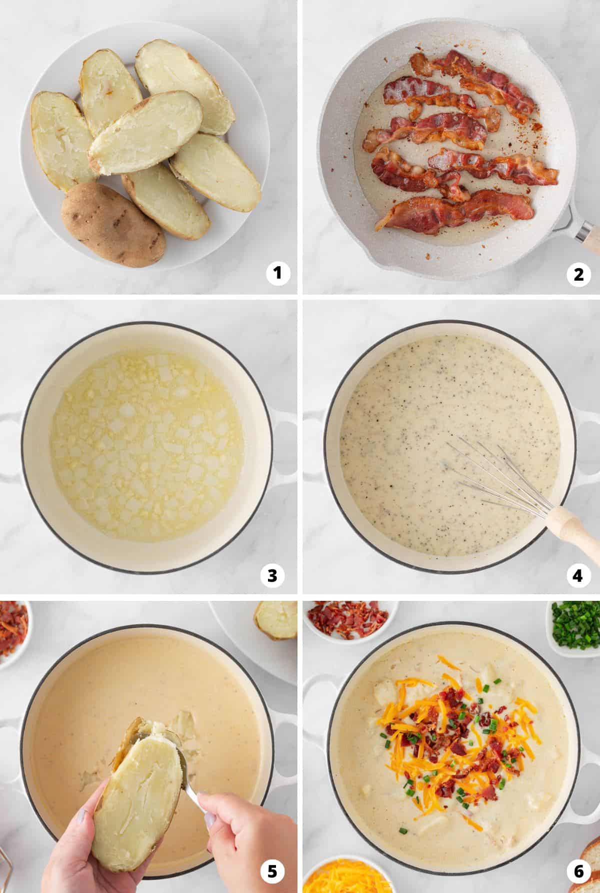Showing how to make baked potato soup in a 6 step collage.