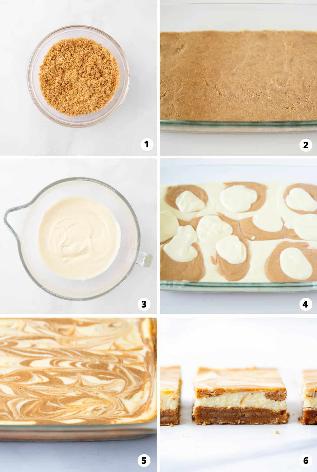 Showing how to make pumpkin cheesecake bars in a 6 step collage.