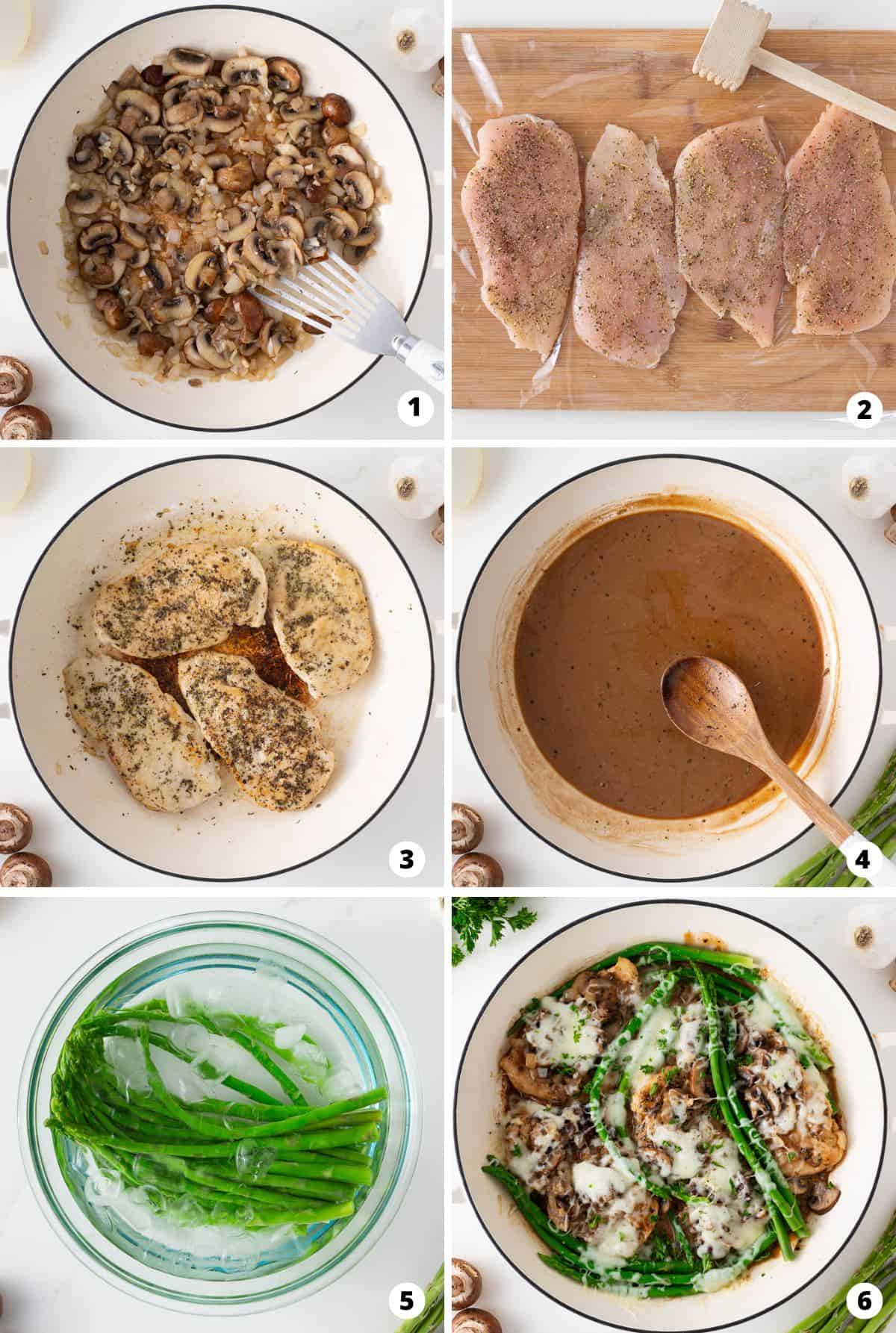 Showing how to make chicken madeira in a 6 step collage.
