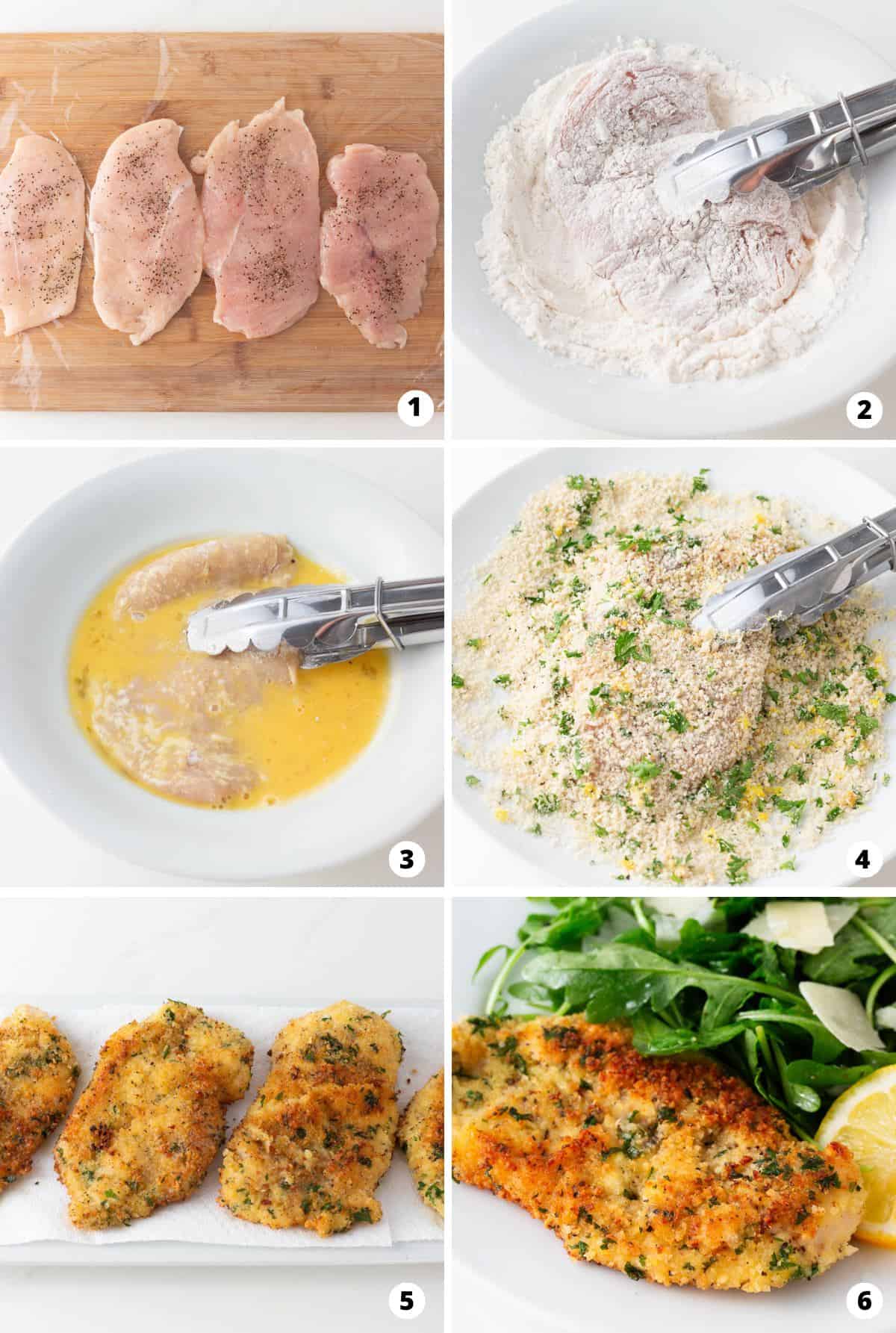 Showing how to make chicken milanese in a 6 step collage.