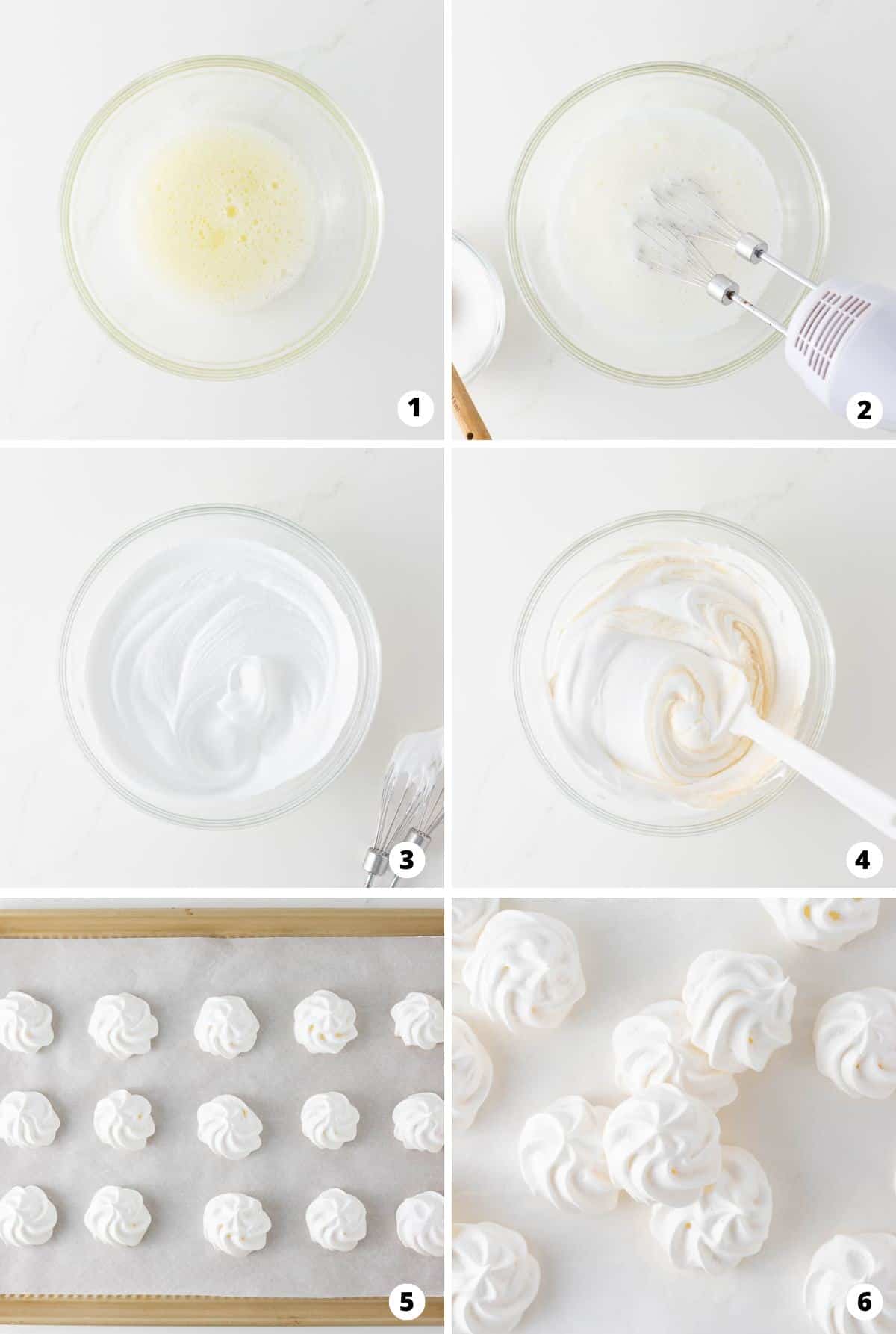 Showing how to make meringue cookies in a 6 step collage.