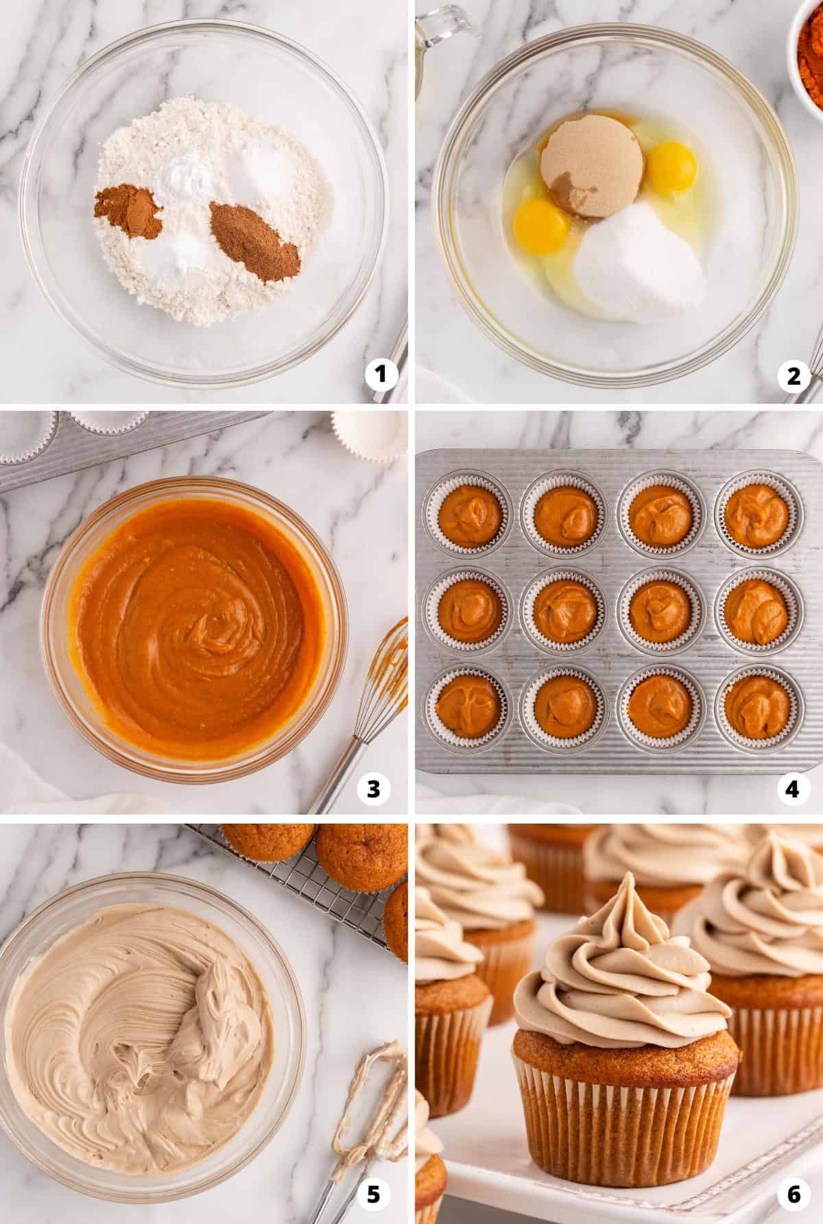 Showing how to make pumpkin cupcakes in a 6 step collage.