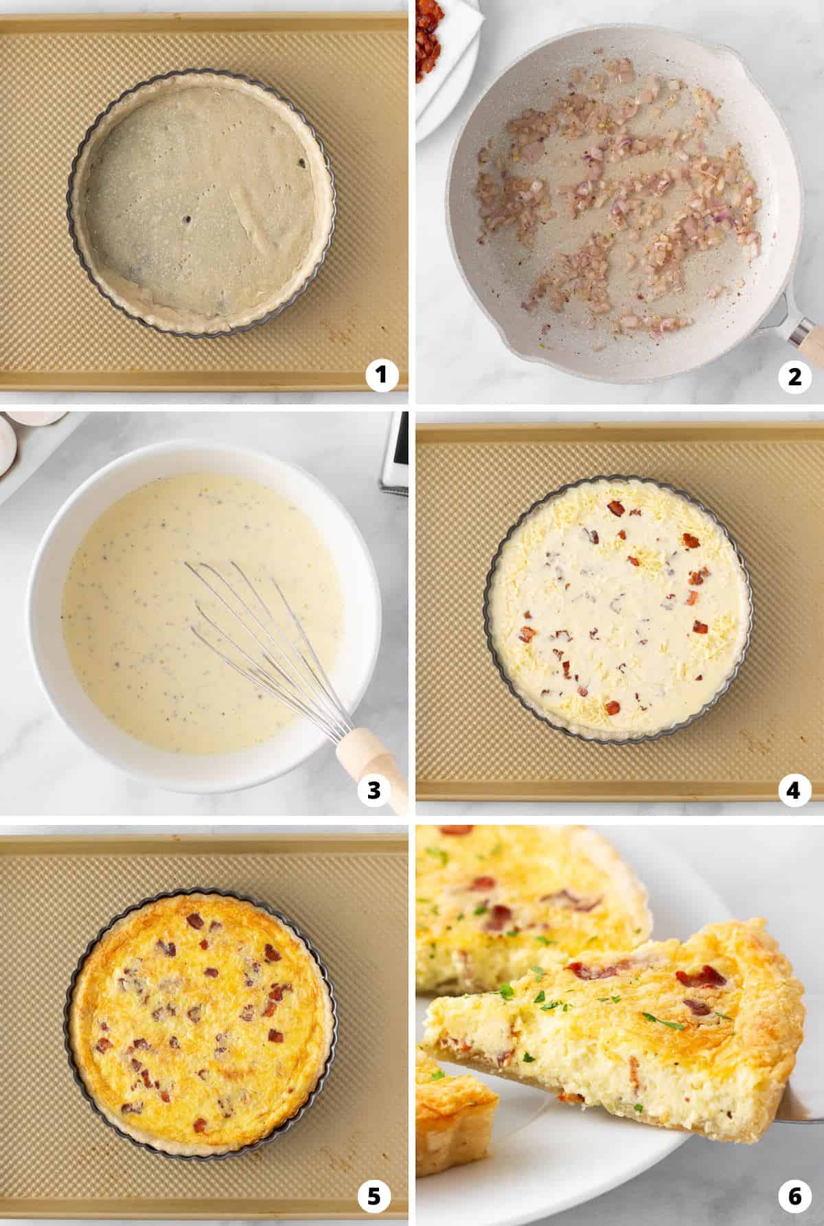 Showing how to make quiche lorraine in a 6 step collage.