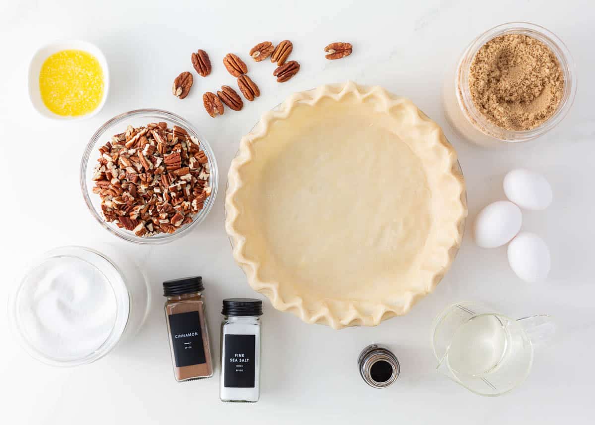 Pecan pie ingredients on the counter.