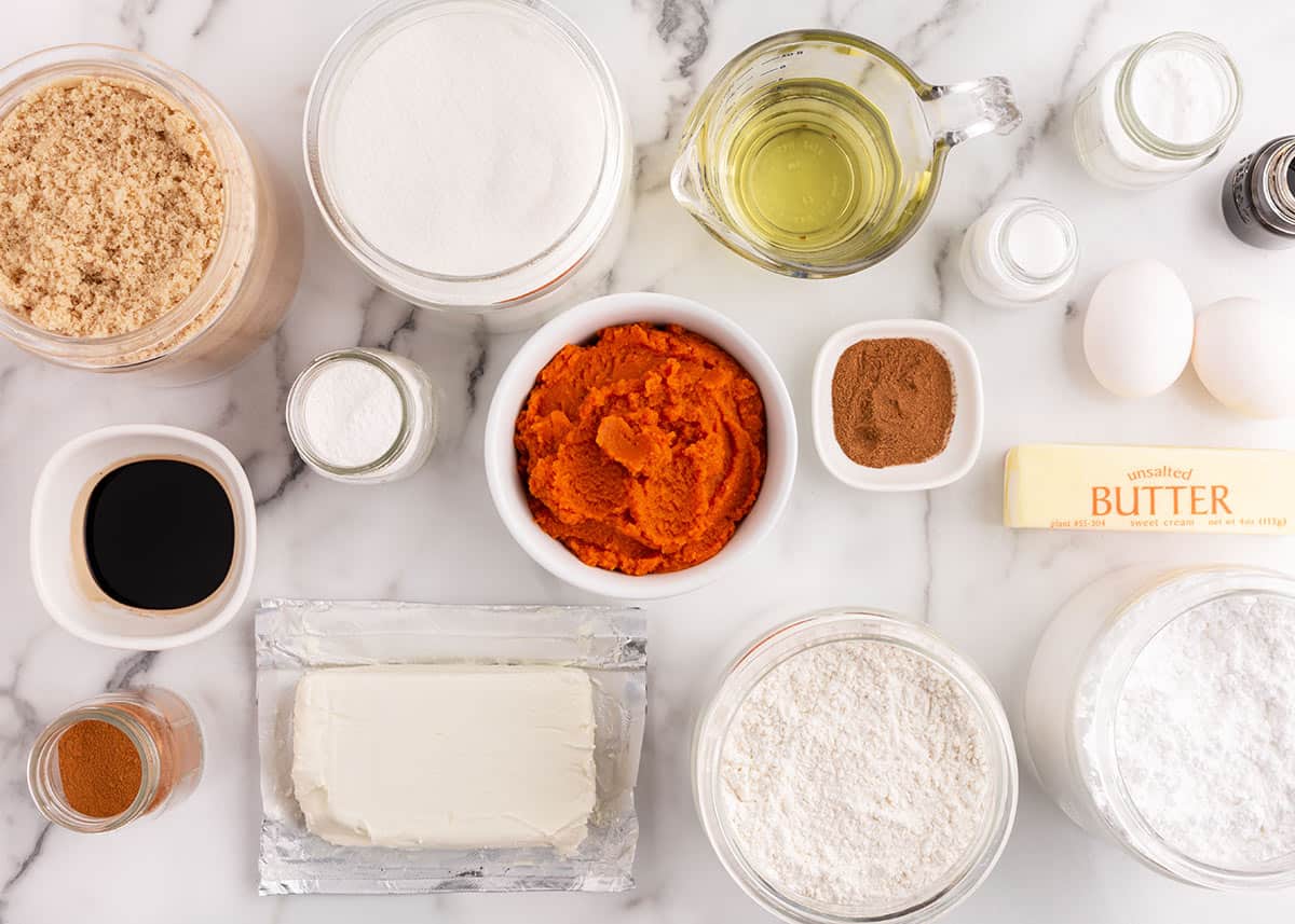 Pumpkin cupcake ingredients on counter.