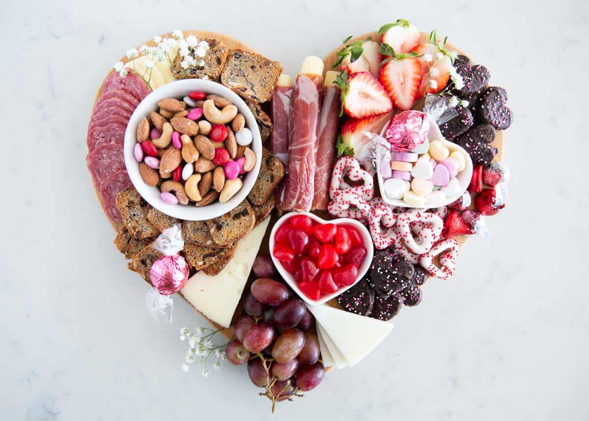 Valentine's Day charcuterie board on counter.