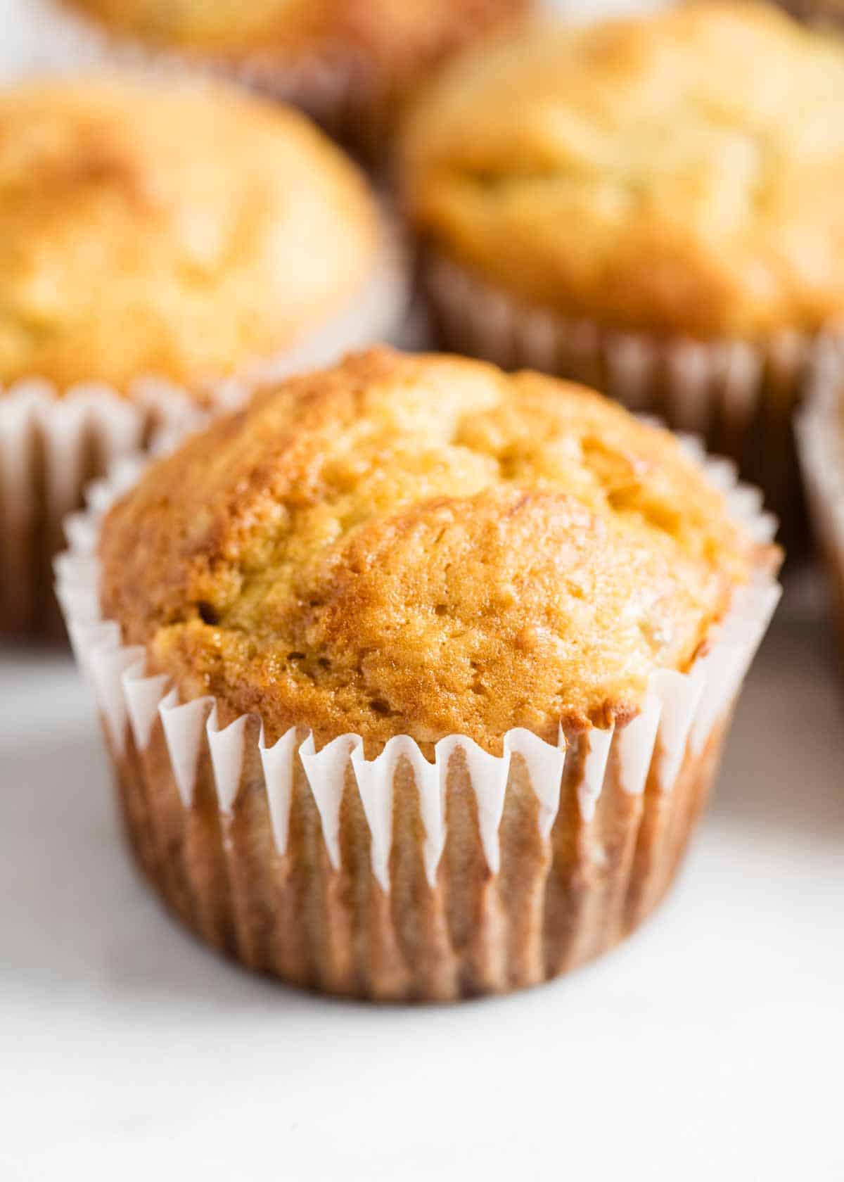 Up close photo of banana bread muffins. 