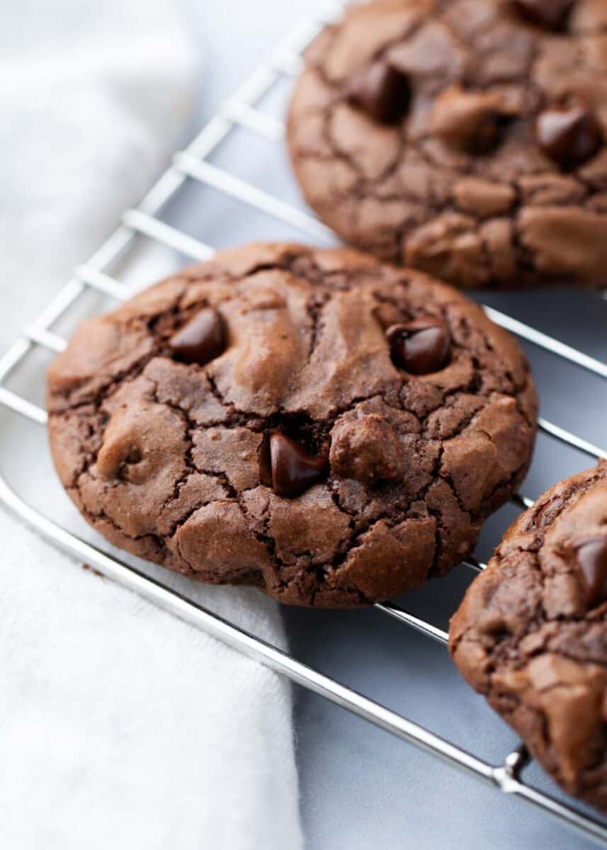 Brownie mix cookies on a cooling rack.